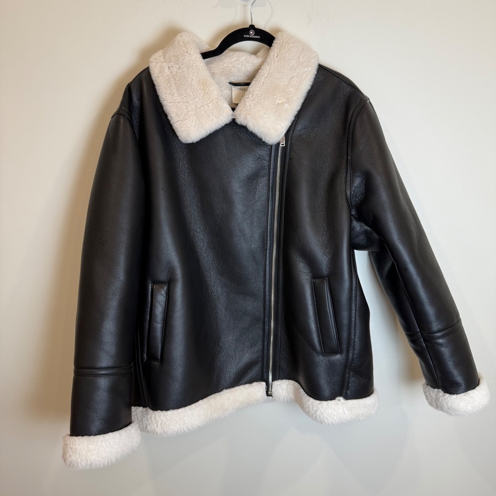 Joie Faux Fur Lined Black Faux Leather Aviator Moto Jacket XL - Picture 2 of 10